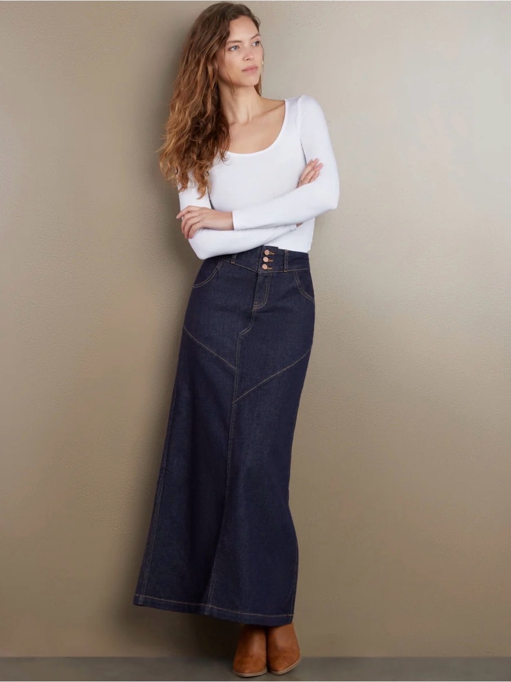 Wash Lab Denim Pieced Seamed Maxi Skirt Dark Wash
